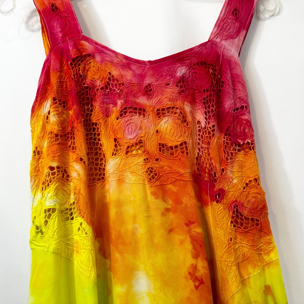 Tie Dye Medium Maxi Dress Handmade Rainbow Eyelet Hem Sleeveless Vacation 1760 - Picture 6 of 15